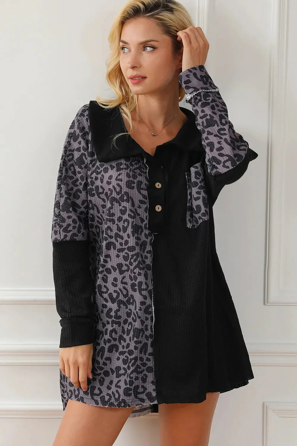 Half Button Leopard Collared Neck Blouse - VILLA FASHION